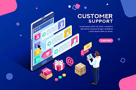 在网站上为客户交易提供商业支持。消费者在网站上, 买家在电子仪表板。商业或营销概念与字符平面等距图像向量例