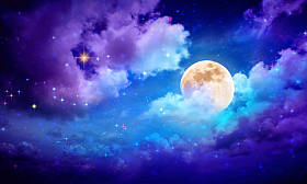 满月，在漆黑的夜空中，星辰点缀 