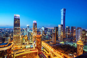 城市金融区高层建筑与高架桥, 北京夜景