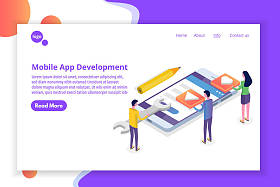 移动应用开发等距概念。着陆页模板。向量例