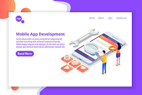 移动应用开发等距概念。着陆页模板。向量例