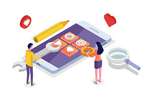 移动应用开发等距概念。着陆页模板。向量例