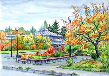 公園與溫室, 素描, 水彩繪畫。莫斯科秋季植物園景