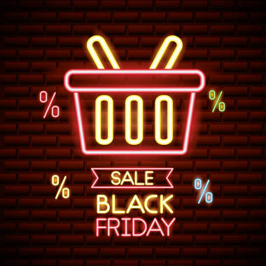 黑色星期五购物销售篮子霓虹灯标志折扣提供矢量说明