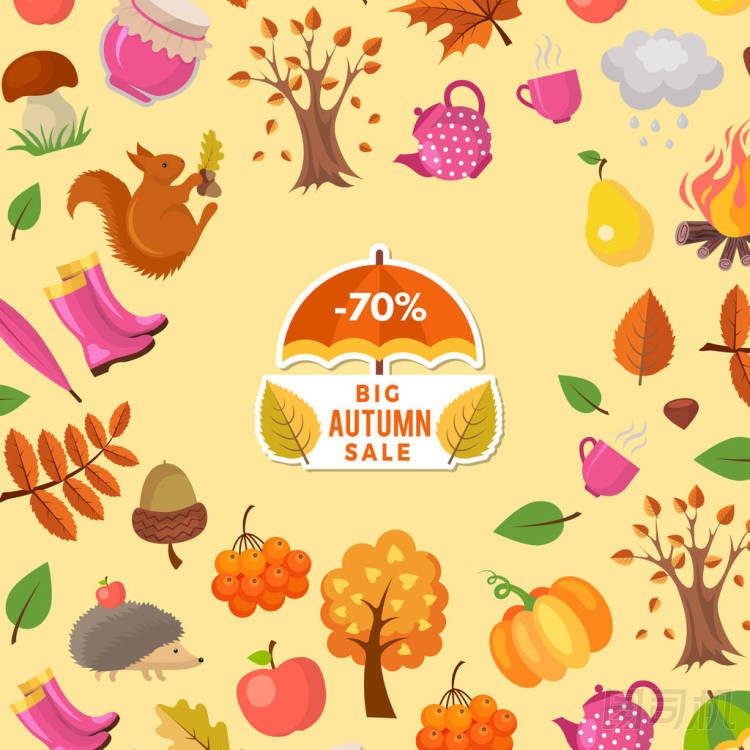 矢量動(dòng)畫片秋季元素和葉子銷售背景與地方的文本插圖
