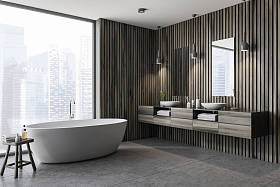 现代化的浴室角落, 配有深色木墙、灰色地板、白色浴缸和双水池。全景窗口。3d 渲染