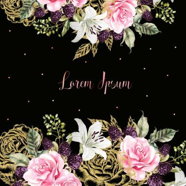 Wedding cards with golden graphic and watercolor flowers. Rose, lily and berries. 