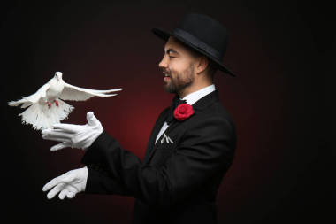 在黑暗背景的白色鴿子的男性魔術(shù)師