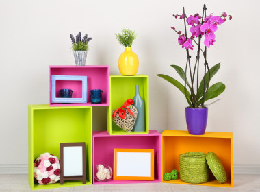 美丽多彩的货架上，与不同的首页相关对象