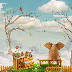 在天空中的长凳上的大象图片