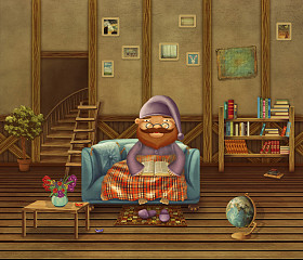 老人坐在家里的沙发上的插图