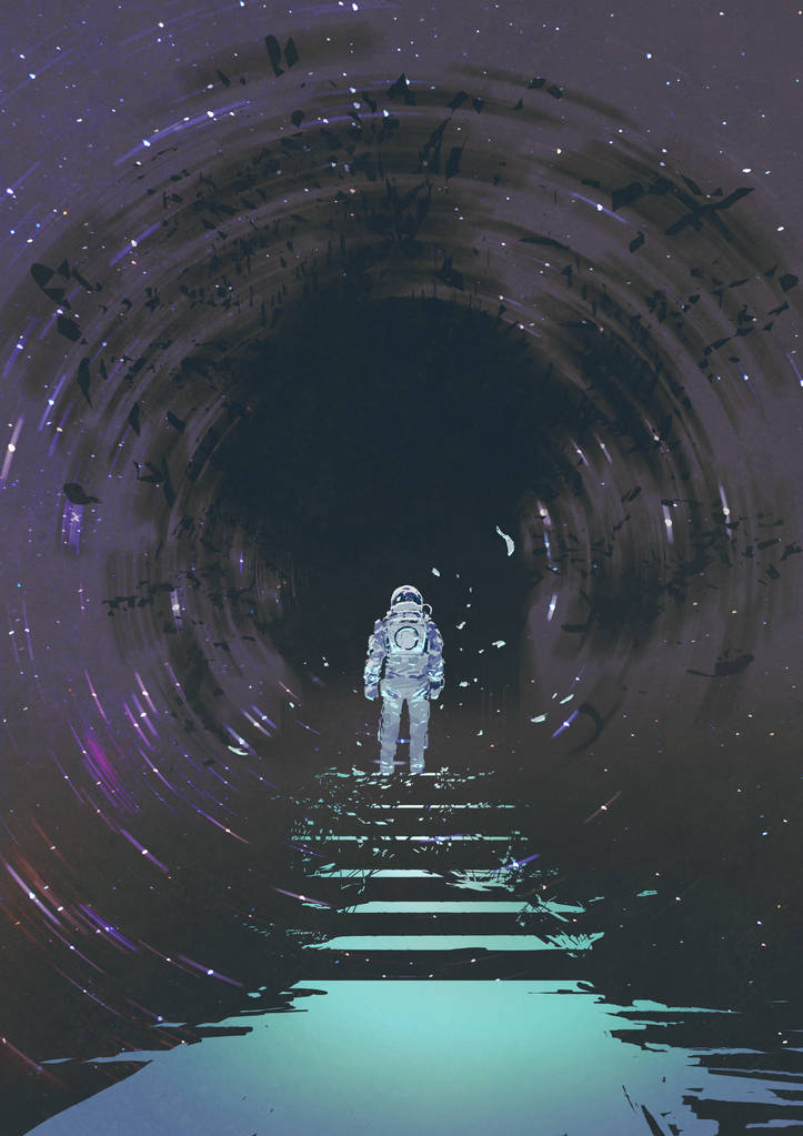 宇航员在轻型楼梯上寻找一个神秘的黑洞, 数字艺术风格, 插图绘画 宇航员在轻型楼梯上寻找一个神秘的黑洞, 数字艺术风格, 插图绘画