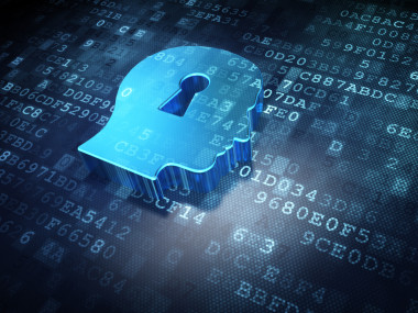 数据的概念: 数字背景上的蓝色头底子钥匙孔