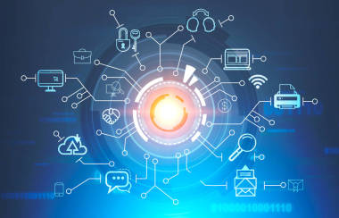 業(yè)務(wù)通信圖標(biāo)圍繞 hud 與深藍(lán)色背景與代碼行。高科技理念。3d 渲染色調(diào)圖像雙曝光