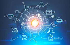 业务通信图标围绕 hud 与深蓝色背景与代码行。高科技理念。3d 渲染色调图像双曝光