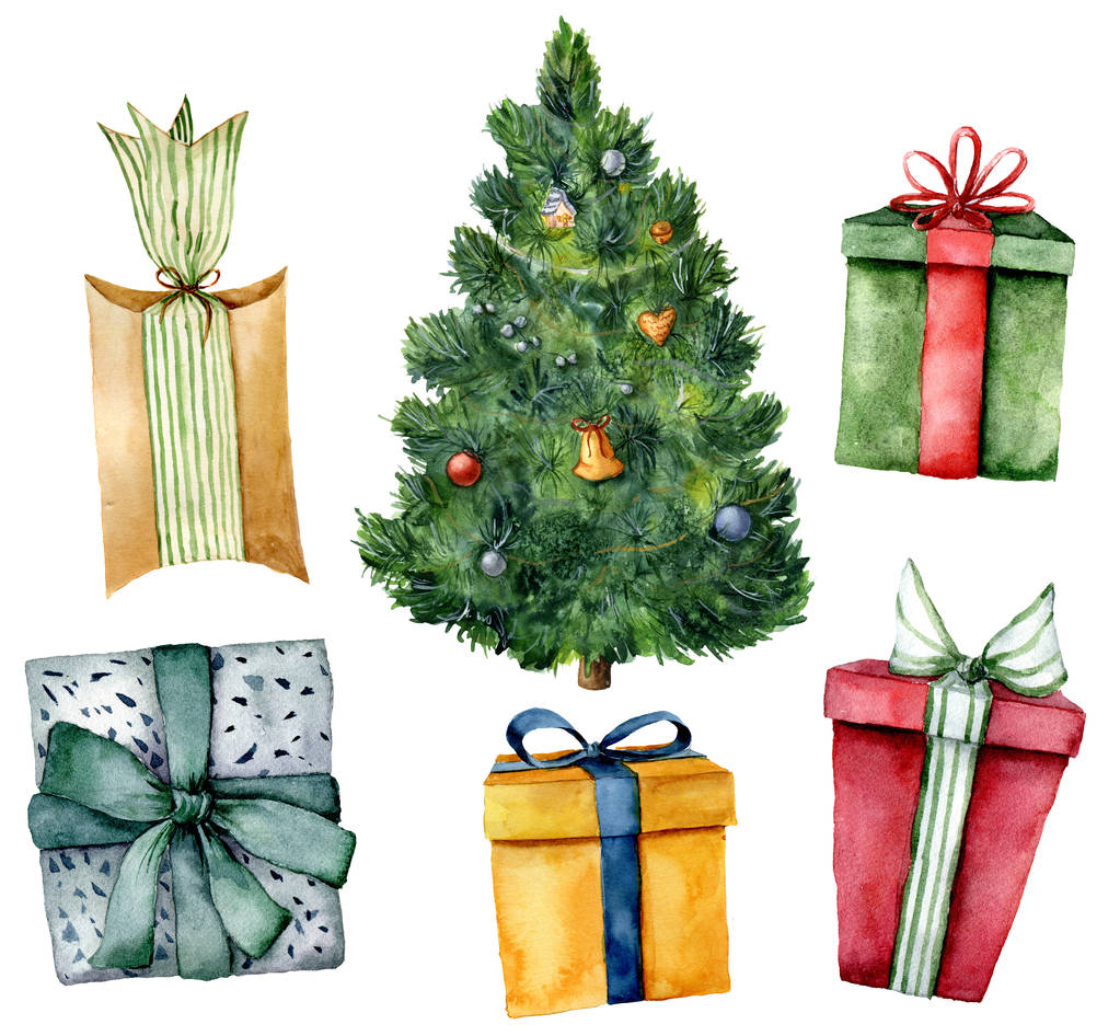 水彩圣诞树与礼物。手绘新年树与玩具和灯, 礼品盒与弓查出的白色背景。设计、打印或背景的假日插图 水彩圣诞树与礼物。手绘新年树与玩具和灯, 礼品盒与弓查出的白色背景。设计、打印或背景的假日插图