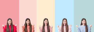 美麗的亞洲女人拼貼在五顏六色的條紋孤立的背景慶祝驚訝和驚訝的成功與手臂抬起和睜開眼睛。優(yōu)勝者概念