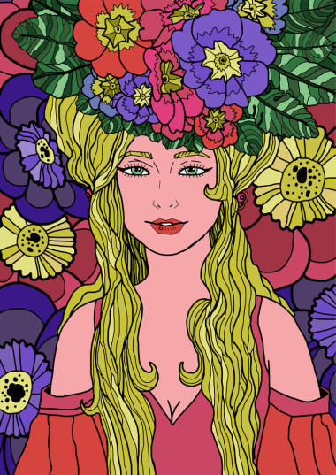 明亮多彩的插图, 女人与长发在优雅的礼服包围着原始的花朵和树叶。五颜六色的例证以黑色轮廓为网和打印项目