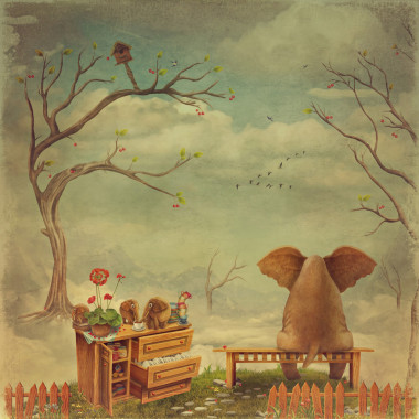 在天空中的长凳上的大象