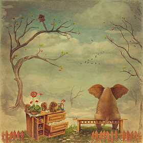 在天空中的长凳上的大象