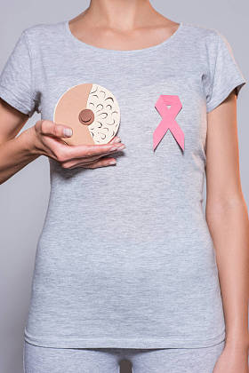 部分看法妇女与纸做的女性乳房和癌症知觉在灰色背景的粉红色丝带