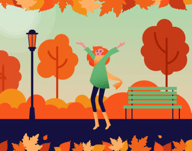 快樂的女孩獨自走在戶外在秋天公園. 