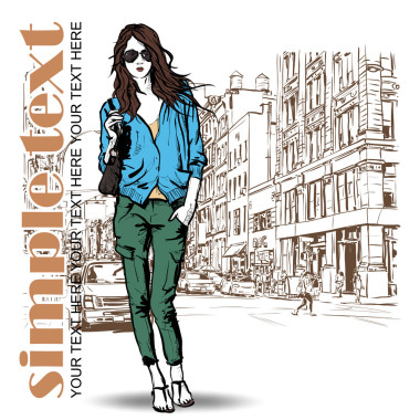 街道背景上可爱的时尚女孩。手工绘制的矢量图