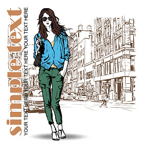 街道背景上可爱的时尚女孩。手工绘制的矢量图