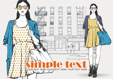 可愛的年輕時尚女孩在街頭的背景。手工繪制的矢量圖