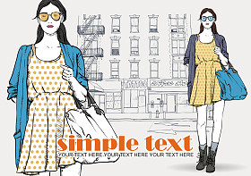 可爱的年轻时尚女孩在街头的背景。手工绘制的矢量图