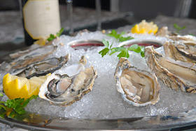 牡蛎在冰与柠檬和酒