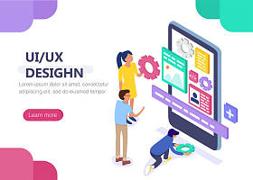 Ux/UI设计概念和特性。概念信息图，网页横幅。平面等距矢量图