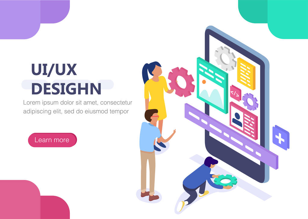 Ux/UI设计概念和特性。概念信息图，网页横幅。平面等距矢量图