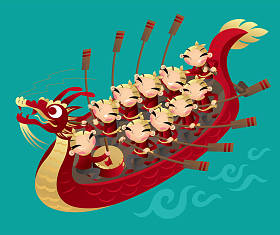 中国儿童划船庆祝中国端午节的队伍的漫画插图 