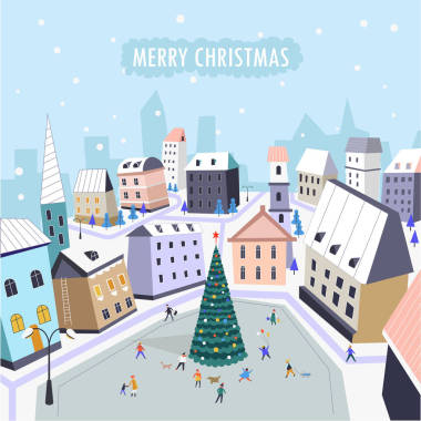 圣誕快樂人們走在主廣場上, 松樹裝飾著花環(huán)