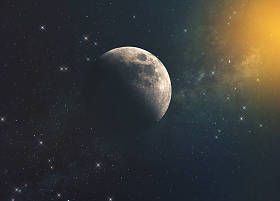 月亮对抗银河系和太阳在宇宙无限空间中的光线