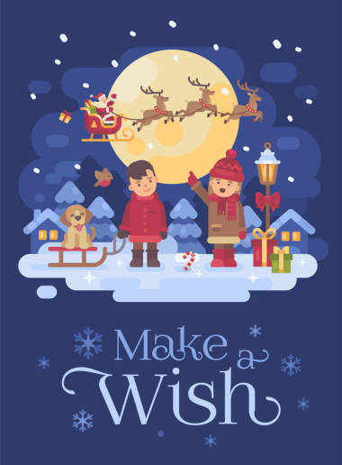 兩個(gè)帶著狗的孩子在一個(gè)下雪的冬夜外面玩耍。一個(gè)雪橇和一只小狗的男孩。女孩在雪橇上指著圣誕老人的馴鹿。圣誕字賀卡平面圖