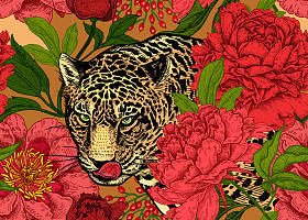 豹子和牡丹。与动物和花园花卉无缝的花卉图案。现代装饰野兽风格。向量例证。纸、纺织品、墙纸模板。全彩装饰