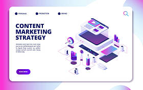 内容营销。视频博客内容策略, 数字市场推广。网站发布等距矢量着陆页