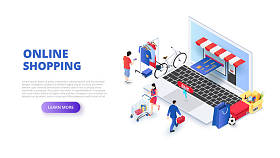 网上购物设计理念与人和笔记本电脑。等向矢量图。网页模板