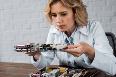 集中的女計算機工程師拿著主板
