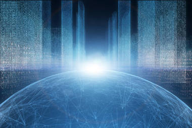 数字未来主义城市风景与蓝色颜色抽象网络地球与光耀斑例证背景