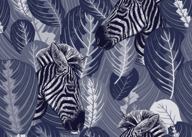 与热带树叶和动物斑马无缝的图案。向量例证。自然野生动物的异国情调的图案。用于织物、纺织品、纸张、墙纸设计的黑白模板