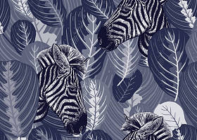 与热带树叶和动物斑马无缝的图案。向量例证。自然野生动物的异国情调的图案。用于织物、纺织品、纸张、墙纸设计的黑白模板