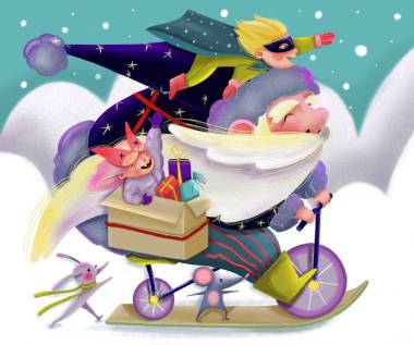 穿著藍色西裝的大圣誕老人騎著雪車穿過群山, 正趕著給他送禮物, 給他的小而有趣的幫手