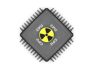 黑色 cpu 的形象, 具有金屬觸點、輻射符號、符號和權力的內核。在白色背景上, 3d 渲染
