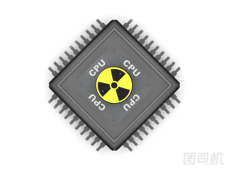 黑色 cpu 的形象, 具有金屬觸點、輻射符號、符號和權力的內核。在白色背景上, 3d 渲染