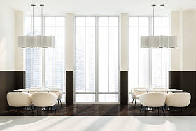 现代咖啡馆的内部, 白色和棕色的墙壁, 深色木地板, 阁楼窗户和木桌与白色扶手椅。3d 渲染