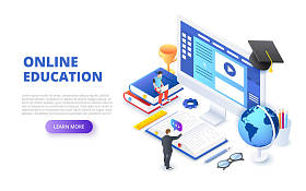 在线教育设计理念与计算机、书籍和人。等向矢量图。网页模板