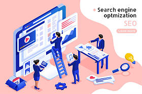 3d 等距投影 seo 概念插图为蓝色和粉红色